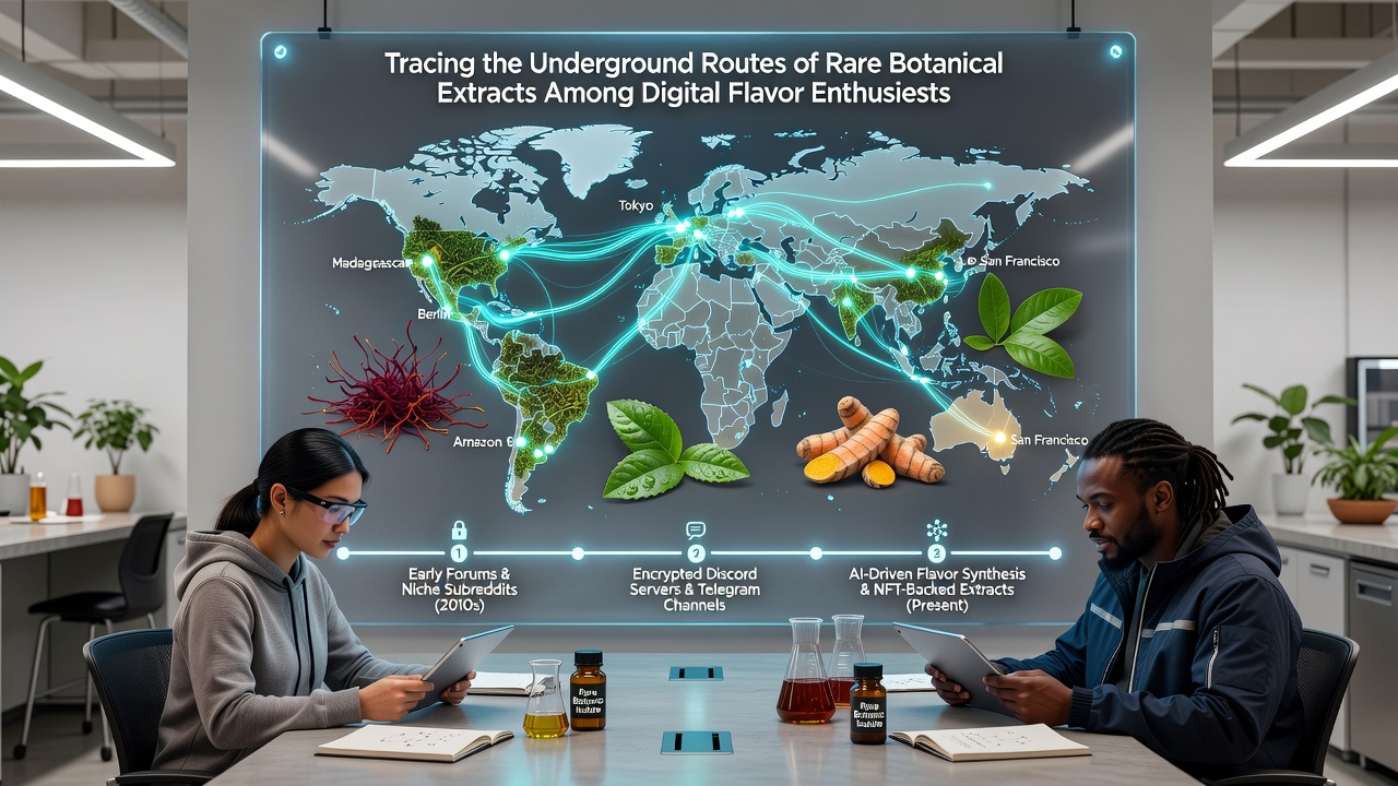 Supply chain visualization showing botanical extract routes from farms to digital collectors